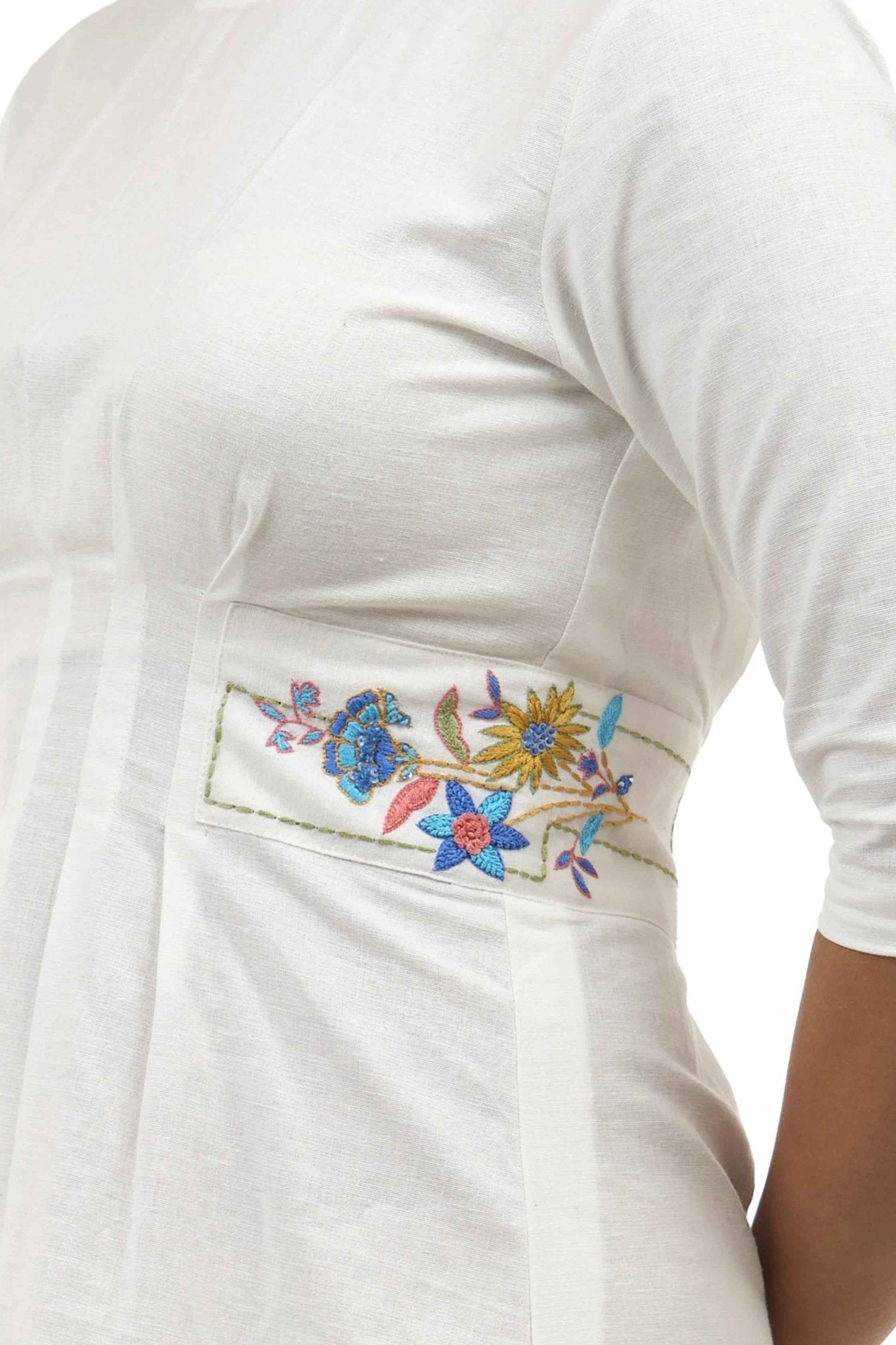 White Linen A - Line Dress – Embroidered Summer Outfit